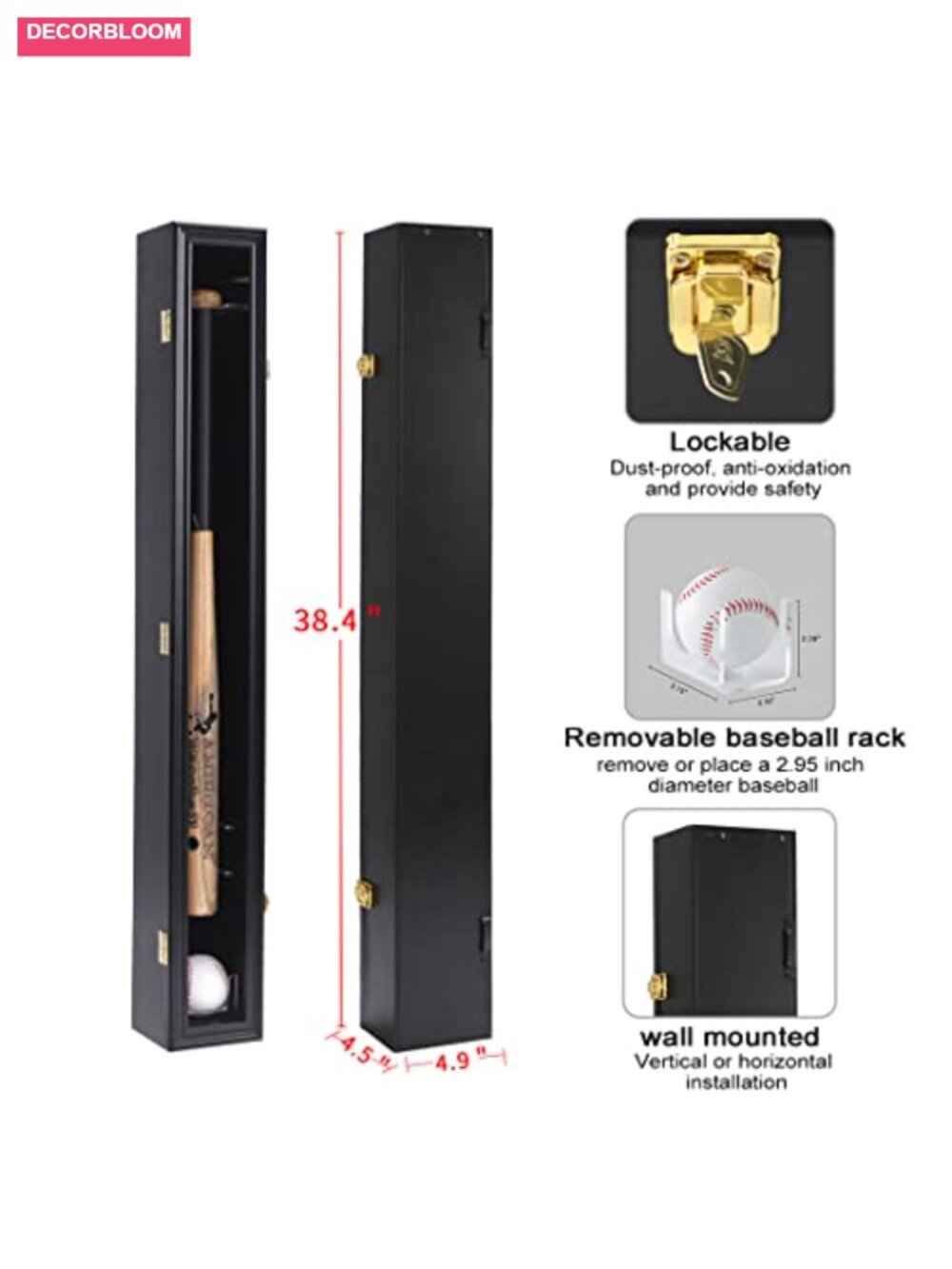 Wood Baseball Bat Display Case Wall Mount Acrylic UV Protection Lock - Picture 2 of 6